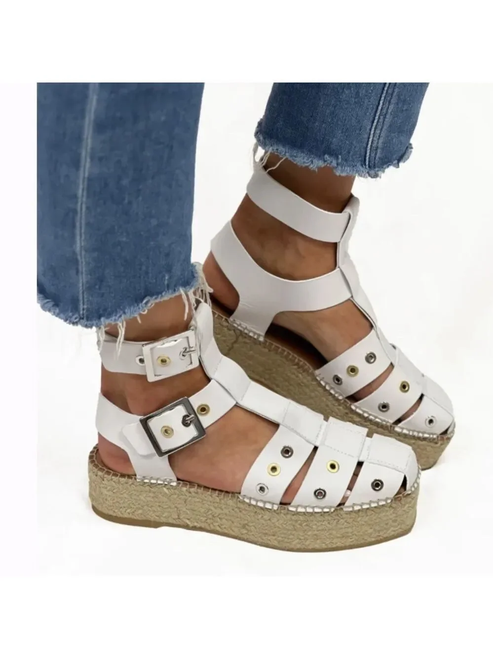 Free People Gable Glad Espadrille Gladiator Sandals White Leather Size 36, US 6